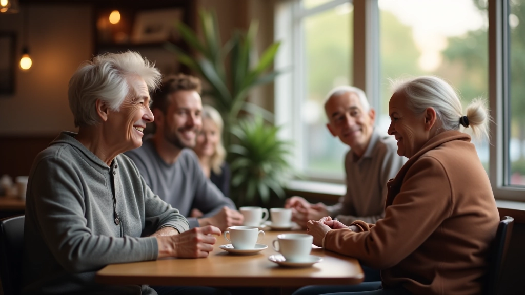 Diverse group of older adults enjoying coffee and conversation in welcoming community space