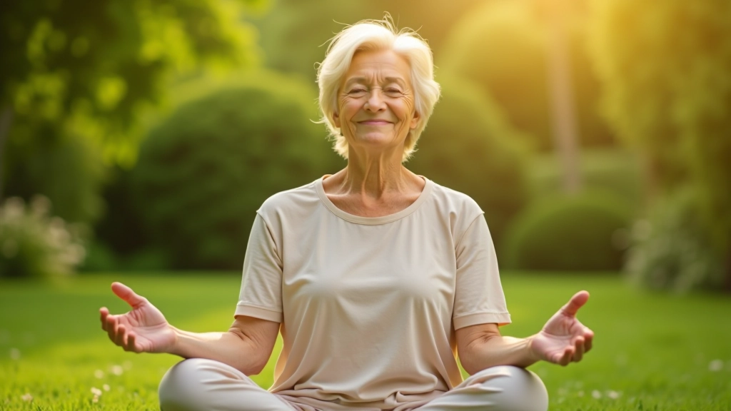Mature woman practicing mindfulness in serene natural setting with morning light