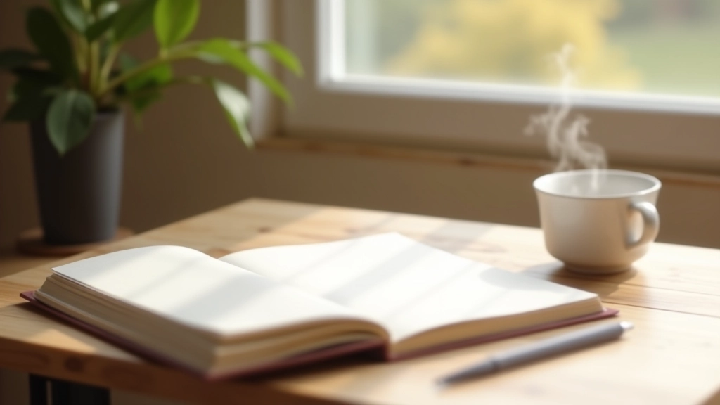 Open journal with pen on wooden desk in natural lighting